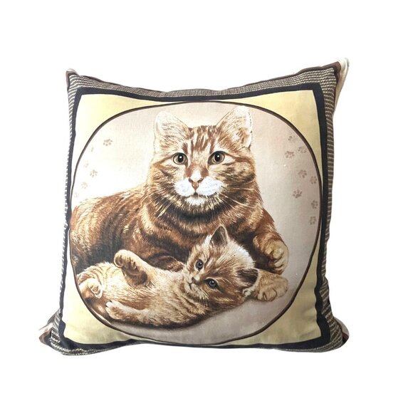 Vintage Cat Kitten Throw Pillows Square 16" x 16" Brown Microfibre Set of 2 - Picture 2 of 5